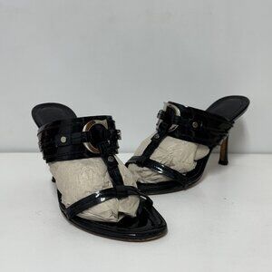 Christian Dior C D Logo Black Patent Leather Mules Heels Sz 37.5